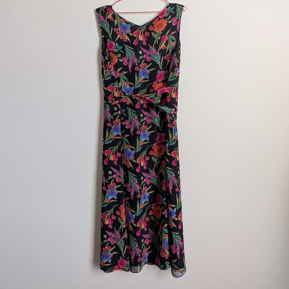 100% Silk Coldwater Creek Black Midi Dress with Pink, Green & Blue Floral Print